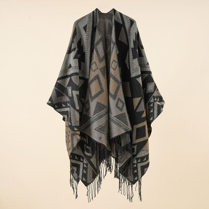 Damen Gewebter Ruana-Umhang aus Wollmix mit grafischem Ethno-Jacquard und langen Fransen Drune