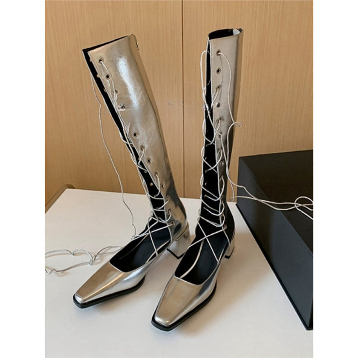 Damen kniehohe Schnürstiefel mit minimalistischer Silhouette, verdecktem Reißverschluss und ergonomischem Blockabsatz Drune