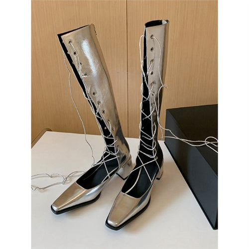 Damen kniehohe Schnürstiefel mit minimalistischer Silhouette, verdecktem Reißverschluss und ergonomischem Blockabsatz Drune