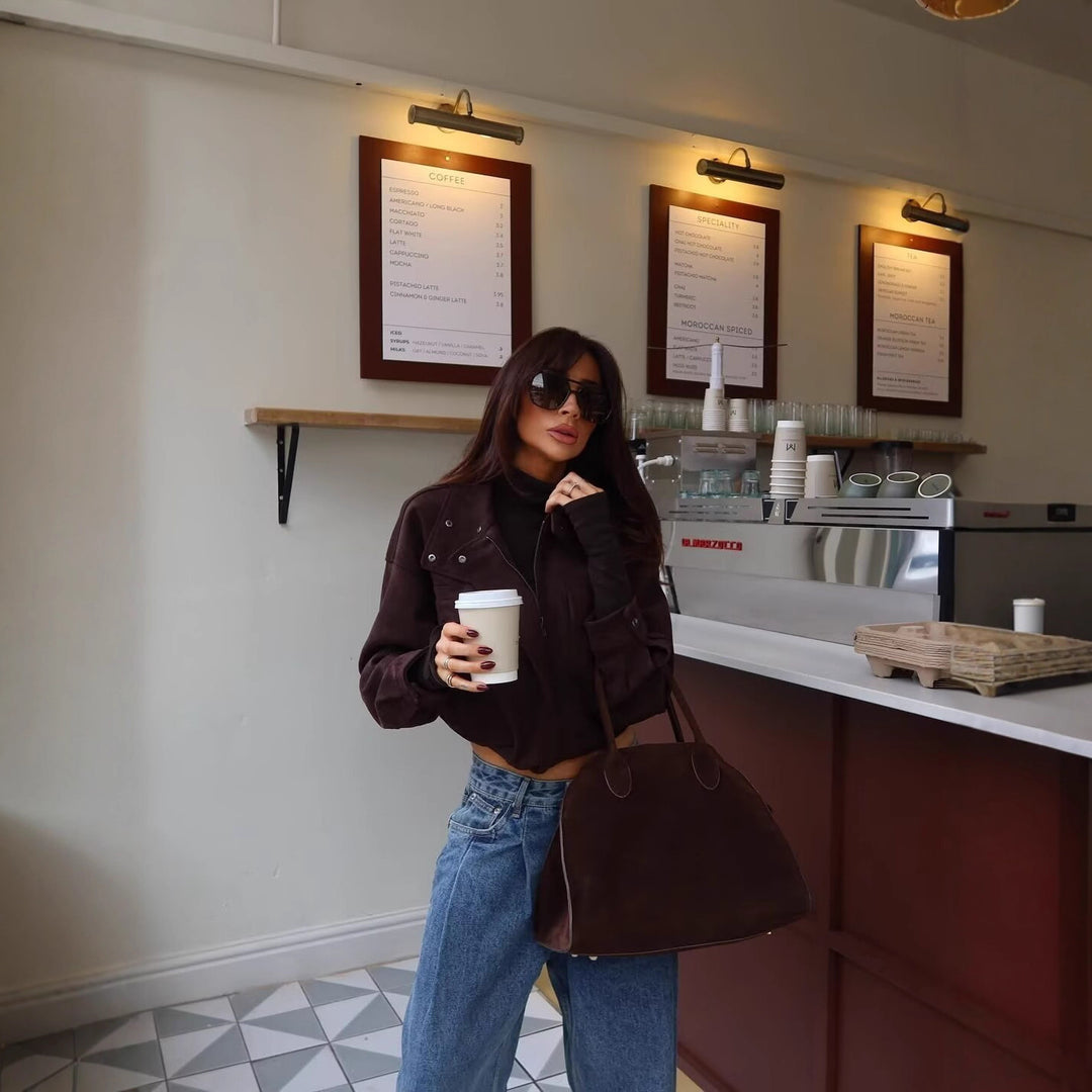 Damen Kurze Boxy‑Jacke in Velourslederoptik mit hohem Funnelkragen Drune
