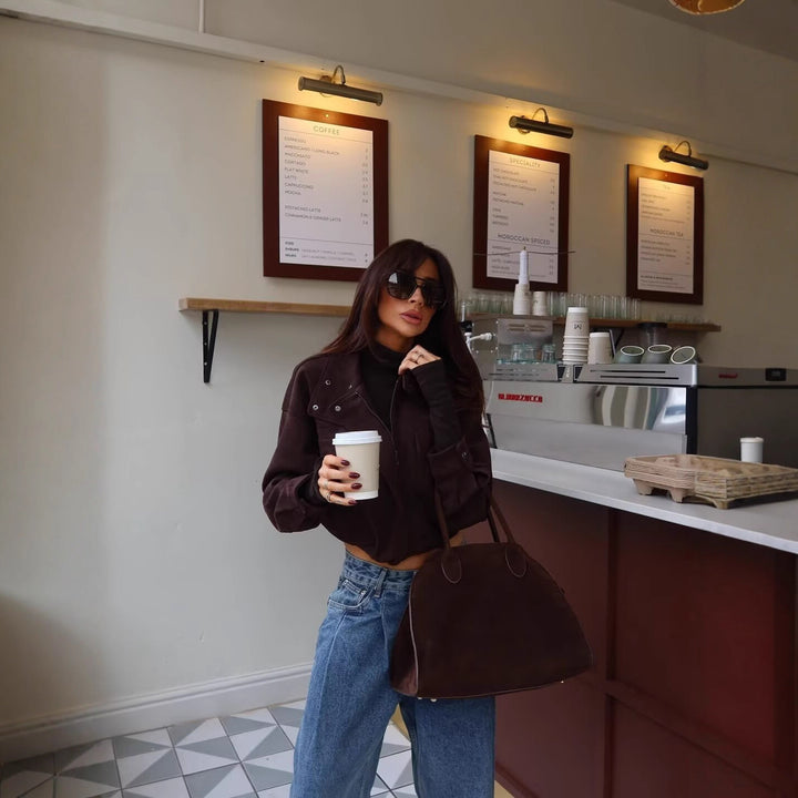 Damen Kurze Boxy‑Jacke in Velourslederoptik mit hohem Funnelkragen Drune