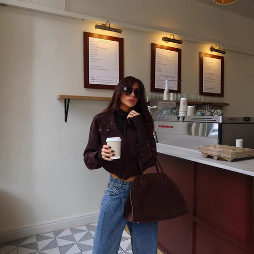 Damen Kurze Boxy‑Jacke in Velourslederoptik mit hohem Funnelkragen Drune