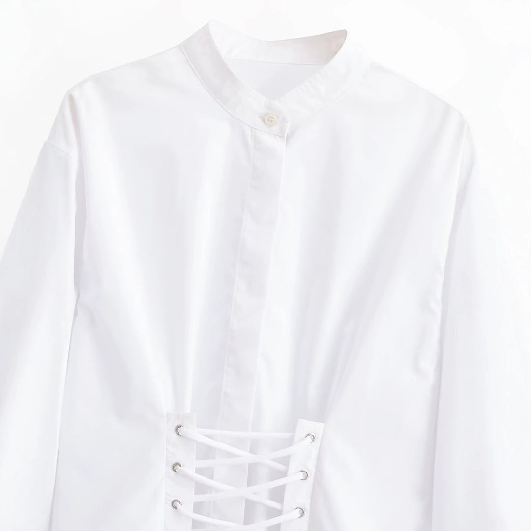 Damen Kurzbluse mit taillierter Schnürung und Stehkragen Drune