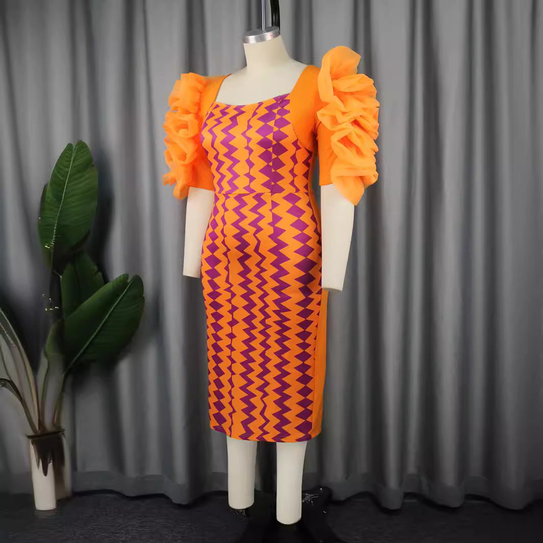 Damen figurbetontes Kleid mit auffälligen Rüschenärmeln und geometrischem Muster Drune