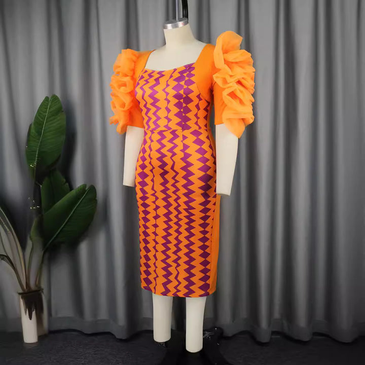 Damen figurbetontes Kleid mit auffälligen Rüschenärmeln und geometrischem Muster Drune