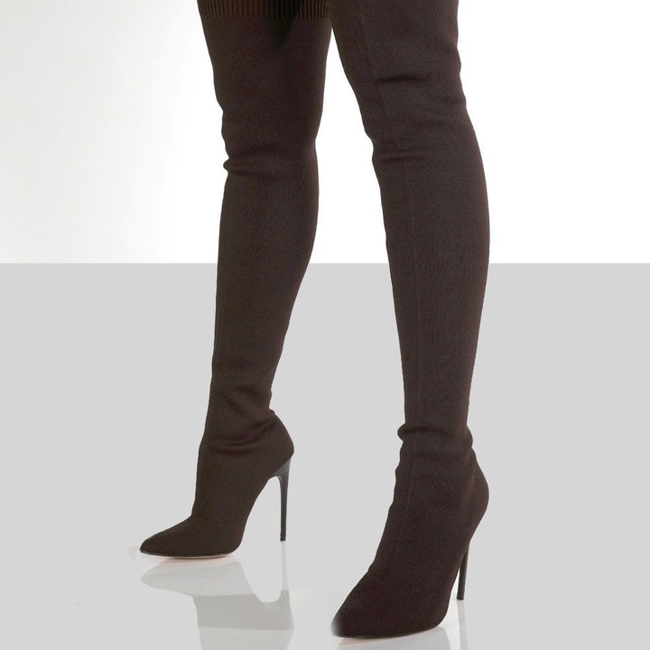 Damen Overknee-Stretch-Strickstiefel mit spitz zulaufender Schuhspitze Drune