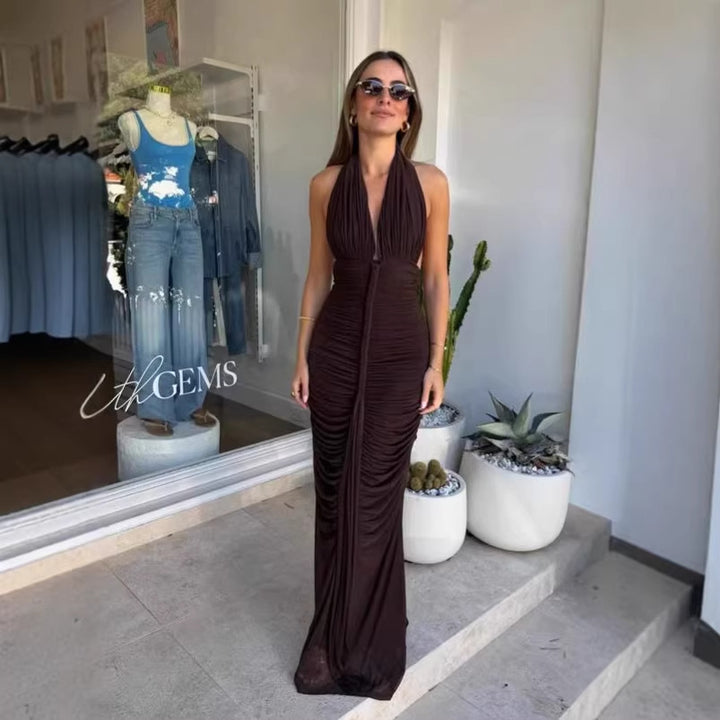 Damen Exquisites gerafftes Maxikleid mit tiefem V-Ausschnitt und eleganten Drapierungen Drune