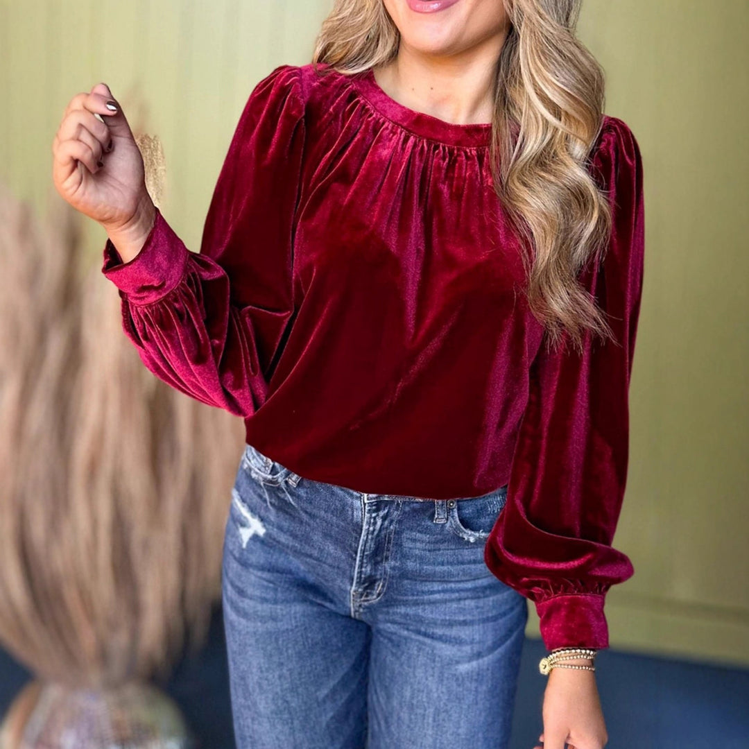 Damen Samtbluse mit Ballonärmeln und gerafftem Stehkragen Drune