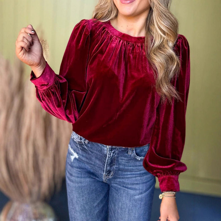 Damen Samtbluse mit Ballonärmeln und gerafftem Stehkragen Drune
