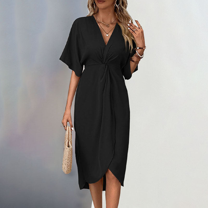 Damen Wickel-Midikleid mit Knotendetail, V-Ausschnitt und überschnittenen Ärmeln Drune