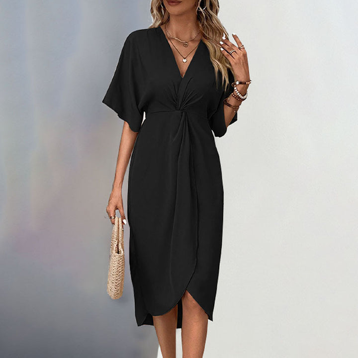 Damen Wickel-Midikleid mit Knotendetail, V-Ausschnitt und überschnittenen Ärmeln Drune