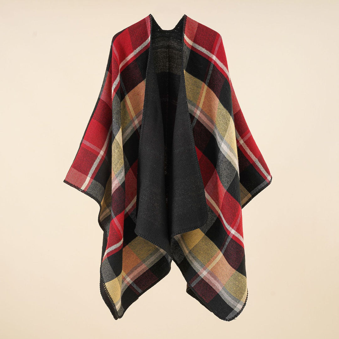 Damen Oversize-Rechteckponcho im Cape-Look mit Kettelsaum und Karomuster Drune