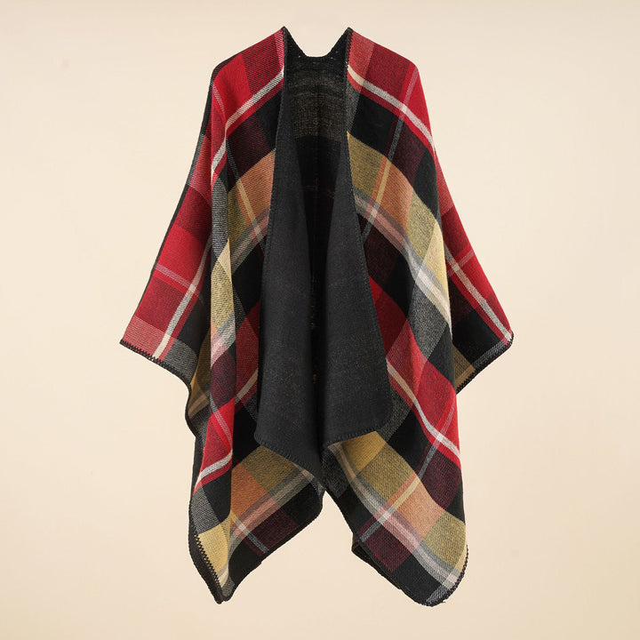 Damen Oversize-Rechteckponcho im Cape-Look mit Kettelsaum und Karomuster Drune