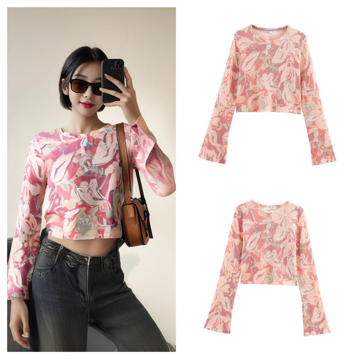 Damen lässiges Crop-Top mit floralem Muster und weiten Ärmeln Drune