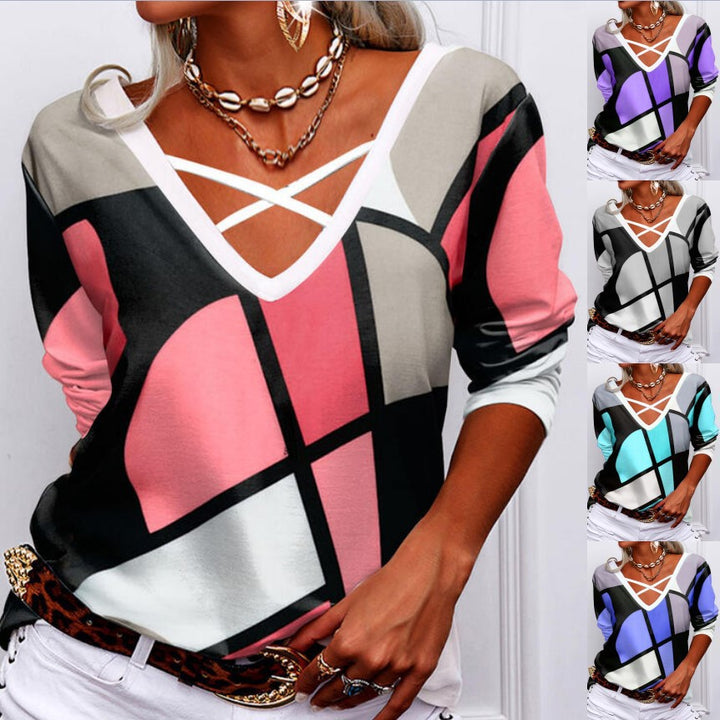 Damen Langarmshirt mit V-Ausschnitt und dekorativen Kreuzgurten, geometrischer Colorblock-Druck Drune