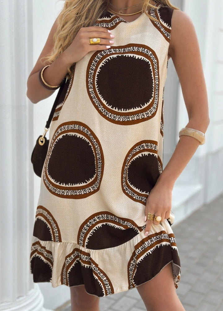 Damen lässiges Sommerkleid mit verspieltem Volant und buntem Mustermix Drune