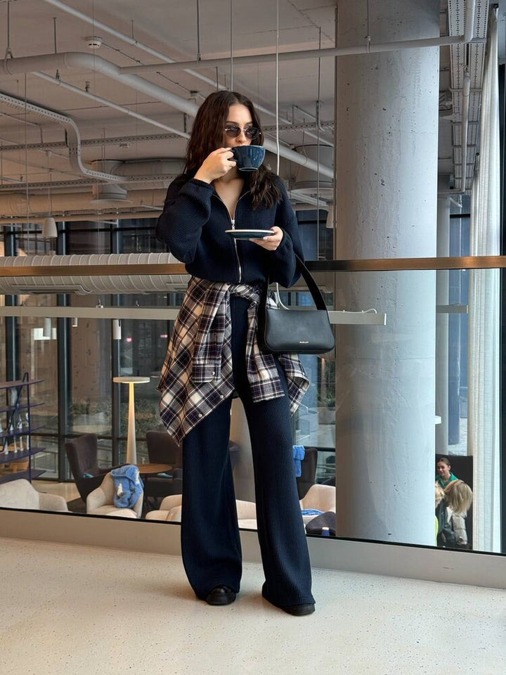 Damen gemütlicher Strick-Jumpsuit mit Reißverschluss, elastischem Taillenbund und weitem Bein Drune