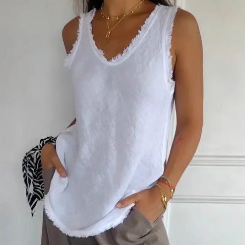Damen nan lässiges Leinenoptik-Tanktop mit ausgefranstem Saum U-Ausschnitt und lockerer Hüftlänge Drune