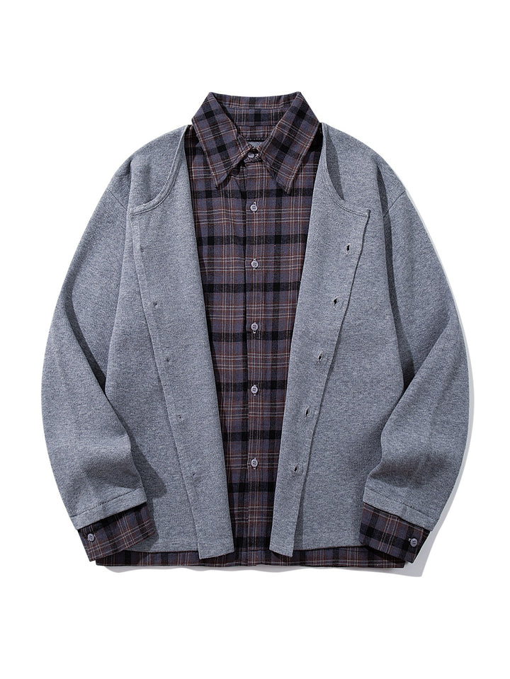 Herren Karierter Flanellhemd-Layer mit offenem Strickcardigan Drune