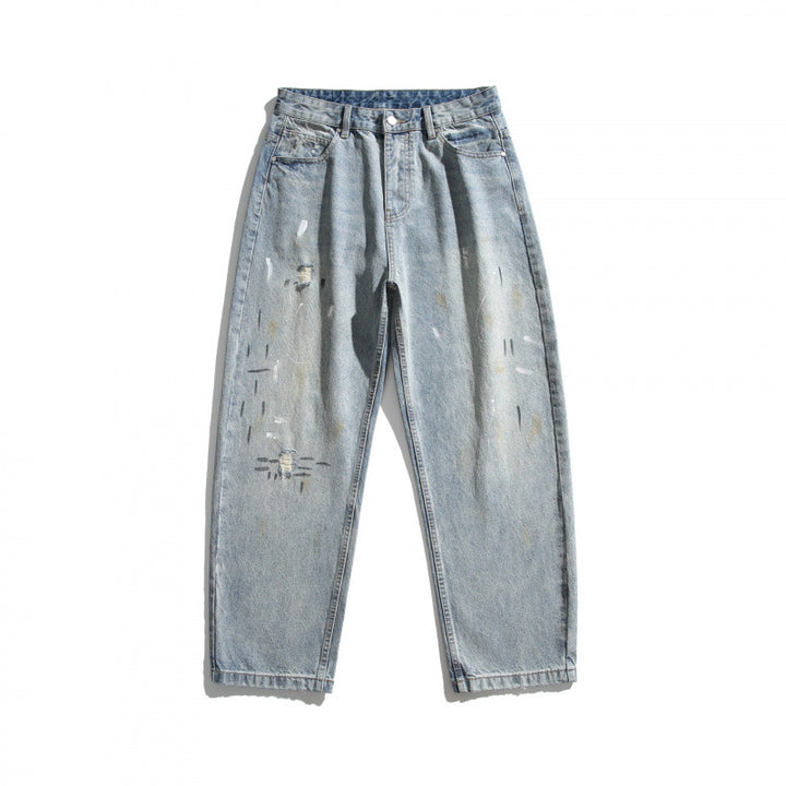 Herren Weitgeschnittene Vintage-Denimhose mit Used-Effekt, Paint-Splatter und Distressed-Details Drune