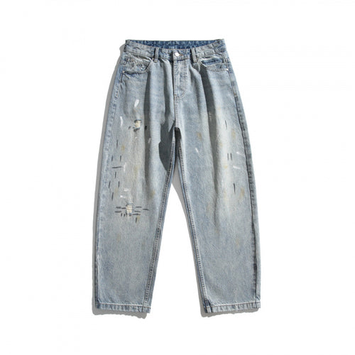 Herren Weitgeschnittene Vintage-Denimhose mit Used-Effekt, Paint-Splatter und Distressed-Details Drune