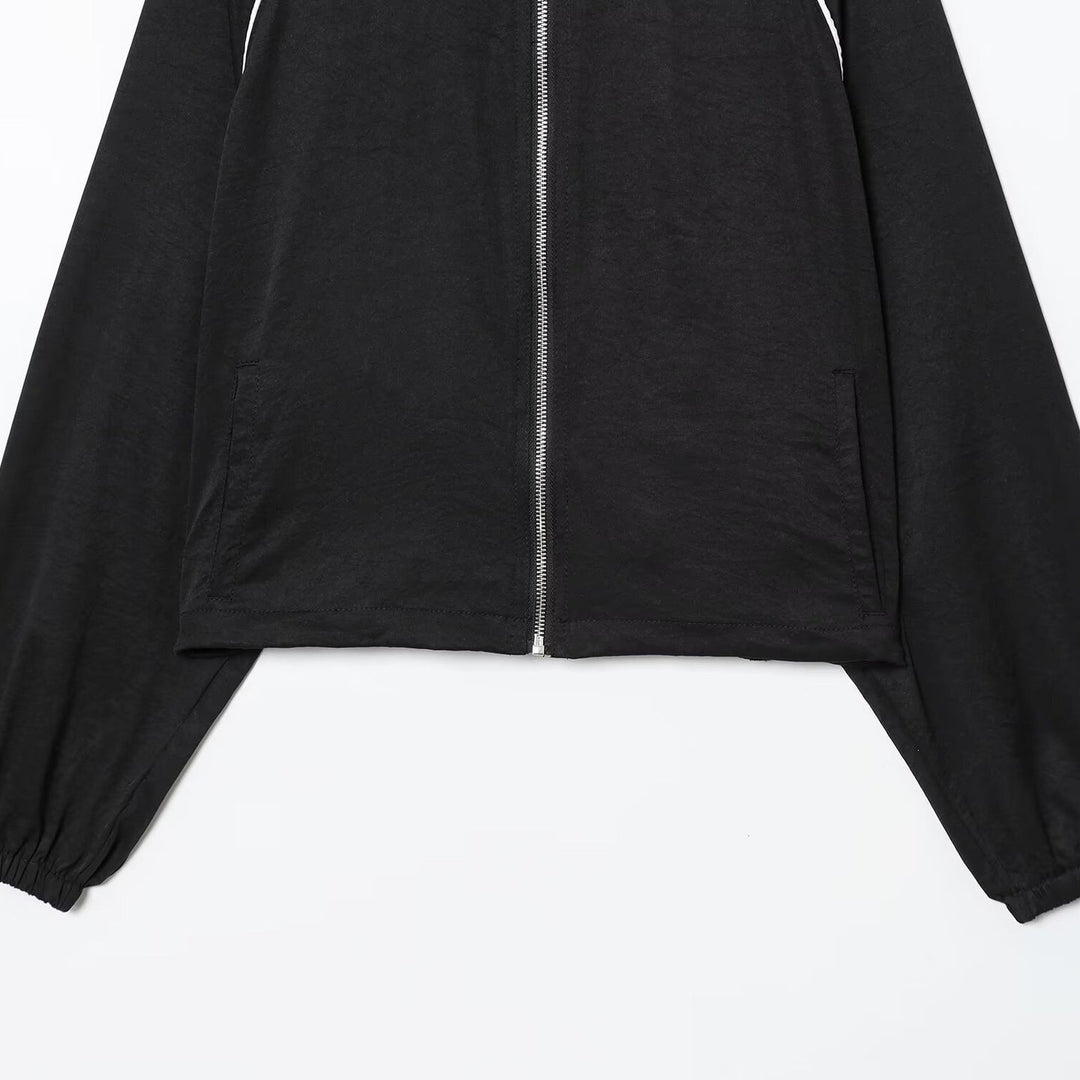 Damen Cropped Sportive Trainingsjacke mit Stehkragen und Kontrastpaspel Drune