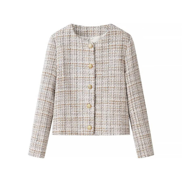 Damen Kurzjacke aus Bouclé‑Tweed mit rundem Ausschnitt und dekorativen Goldknöpfen Drune