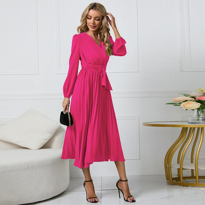 Damen Plissiertes Wickel‑Midikleid mit Taillengürtel und V‑Ausschnitt Drune