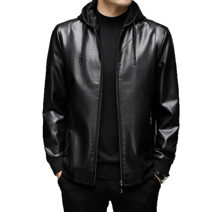 Herren Kapuzen-Lederimitat-Blouson mit Reißverschluss und elastischen Bündchen Drune