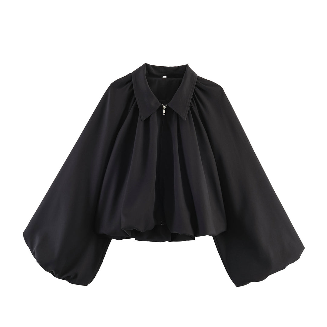 Damen Kurze Cape-Jacke mit voluminösen Ballonärmeln, Stehkragen und Reißverschluss Drune