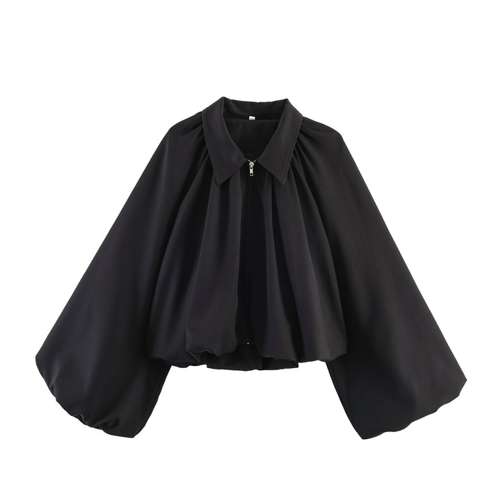 Damen Kurze Cape-Jacke mit voluminösen Ballonärmeln, Stehkragen und Reißverschluss Drune
