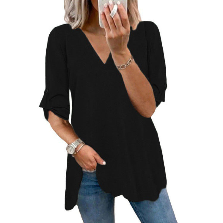 Damen lässiges V-Ausschnitt T-Shirt mit Rüschendetail Drune