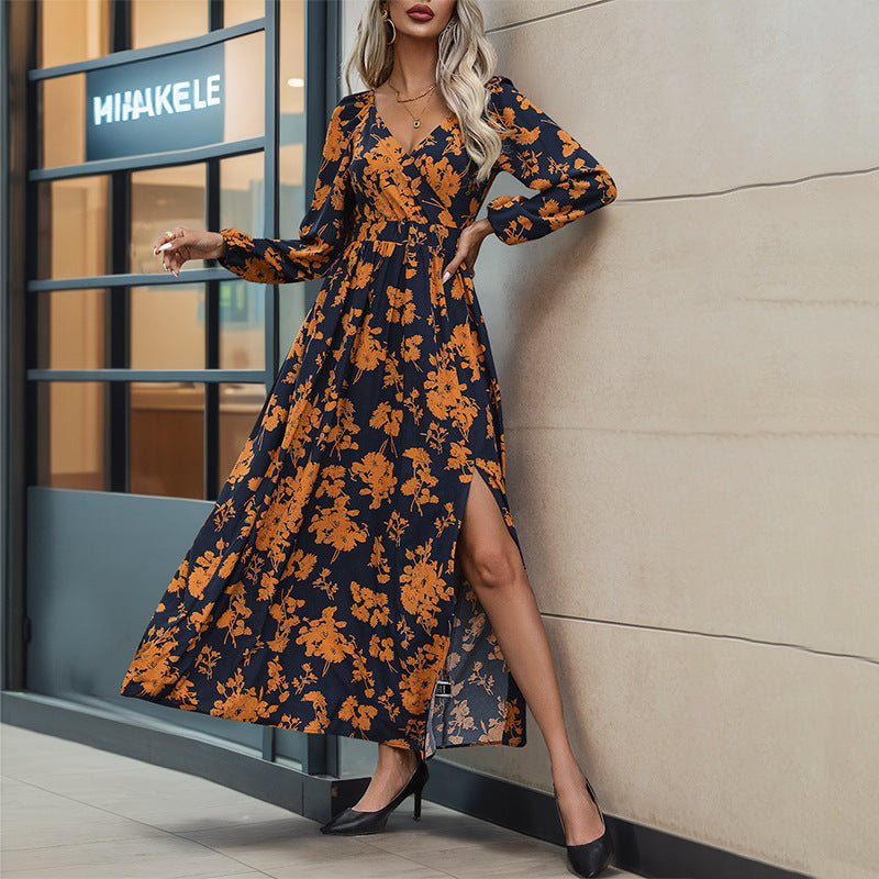 Damen Florales Maxikleid mit Wickel‑Dekolleté, Smock‑Taillenband und hohem Seitenschlitz Drune