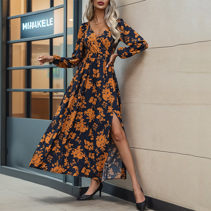 Damen Florales Maxikleid mit Wickel‑Dekolleté, Smock‑Taillenband und hohem Seitenschlitz Drune