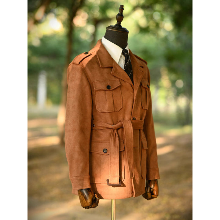 Herren Veloursleder-Safari-Jacke mit Taillengürtel und Pattentaschen Drune