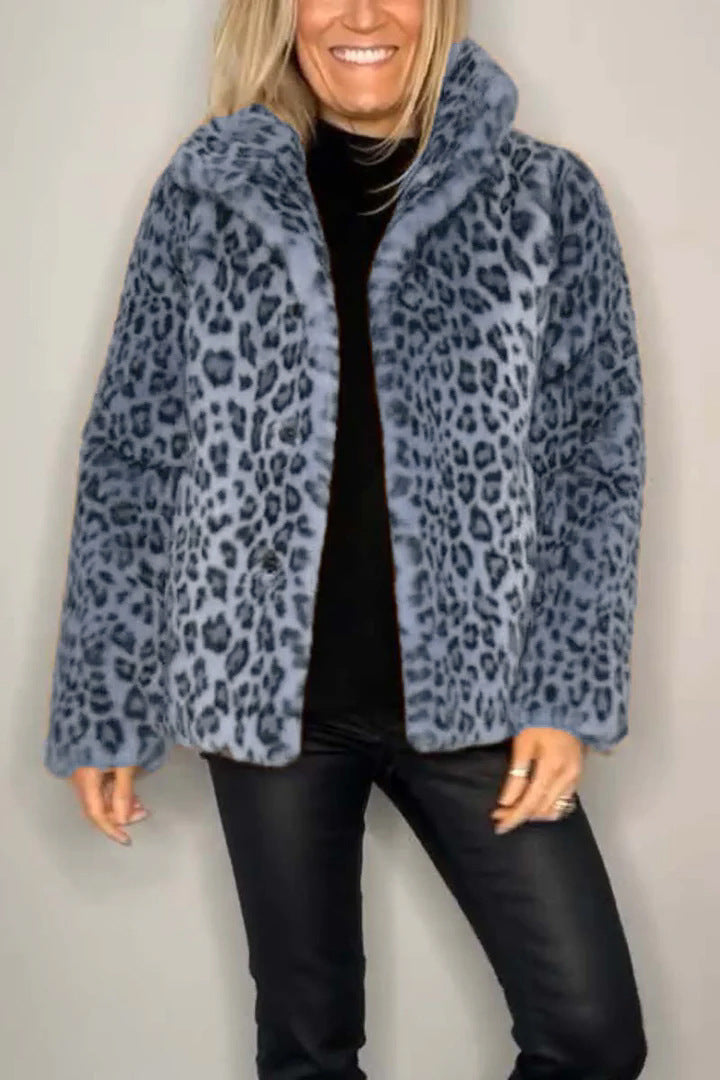 Damen Flauschige Leopardmuster Jacke mit hohem Kragen Drune