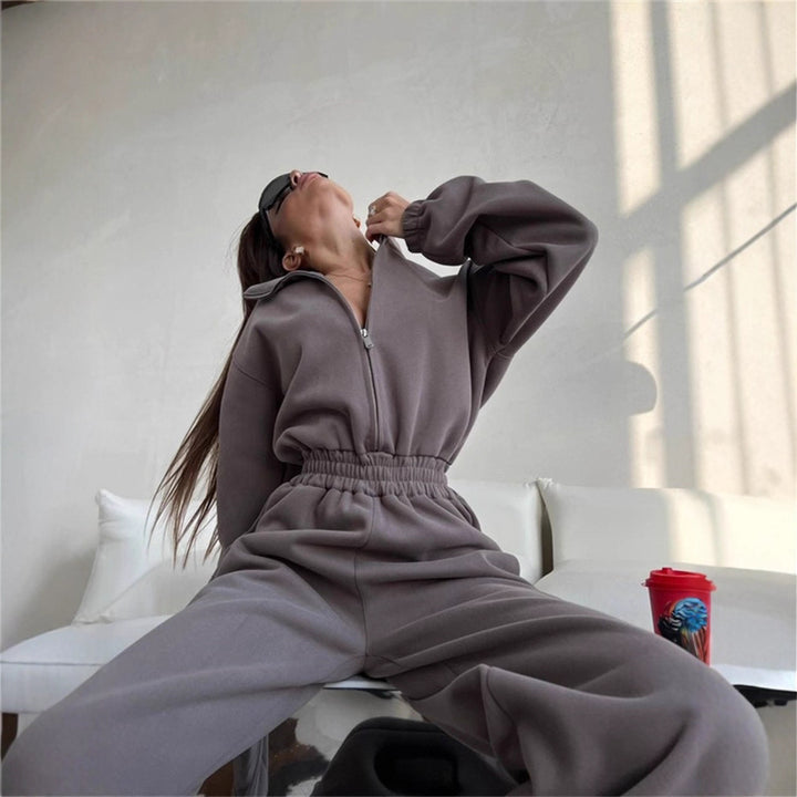 Damen Relaxed-Loungewear-Set mit Halbzip-Stehkragen und hochtaillierter Weitbein-Jogginghose Drune