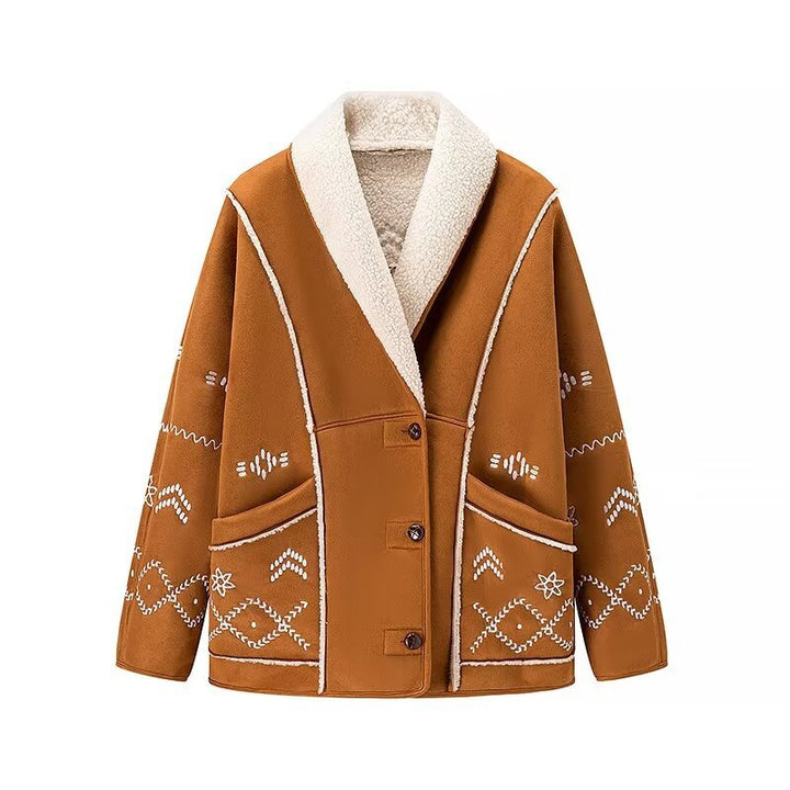 Damen nan gesteppte Kunstfell-Sherpa-Jacke mit Schalkragen, folklorischer Stickerei und aufgesetzten Taschen Drune