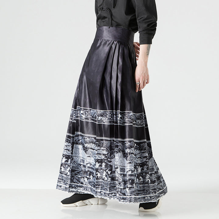 Damen nan Maxi-Rock mit breitem Taillenbund ornamentaler Bordüre und plissierten Falten Drune