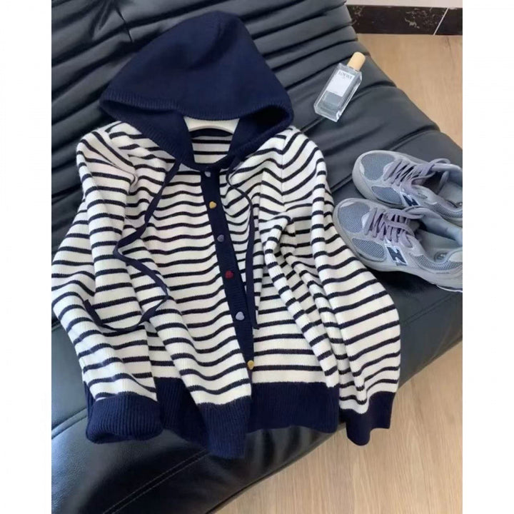 Damen Strickjacke mit Kapuze und gestreiftem Design Drune
