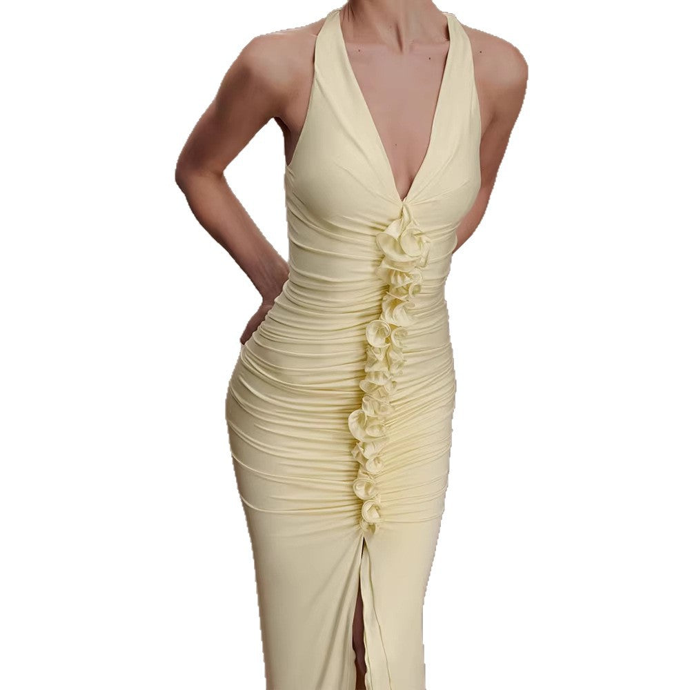 Damen Hochwertiges Abendkleid mit tiefem V-Ausschnitt und Raffungen Drune