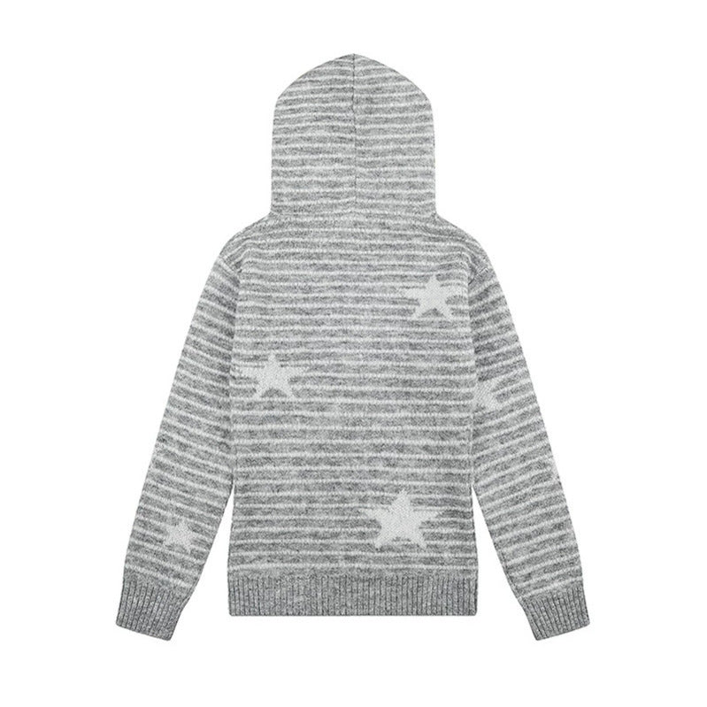 Damen Kapuzenpullover aus Feinstrick mit Kunstfellbesatz, Stern‑Streifenmuster und Knopfleiste Drune