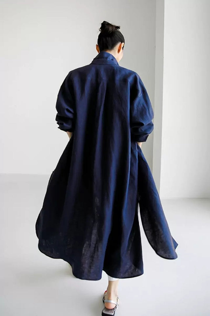 Damen Oversize-Leinen-Hemdmaxikleid mit Stehkragen, Krempelärmeln und hohen Seitenschlitzen Drune