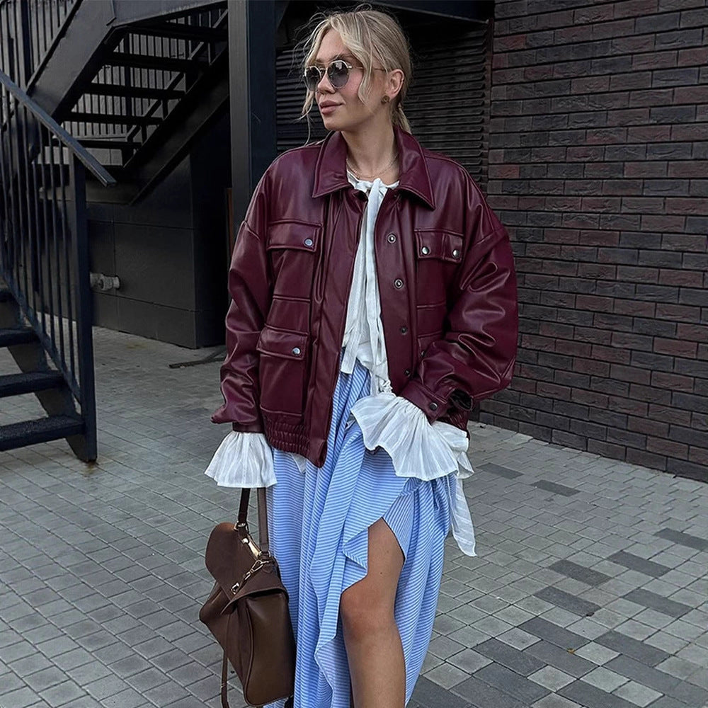Damen Oversize Kunstlederjacke mit aufgesetzten Druckknopf-Taschen und elastischem Saum Drune