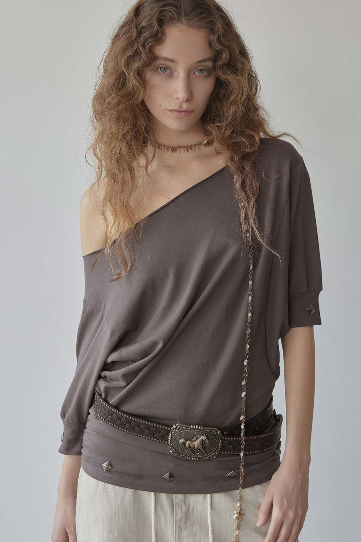 Damen Oversized T-Shirt mit Kristallverzierung und V-Ausschnitt Drune