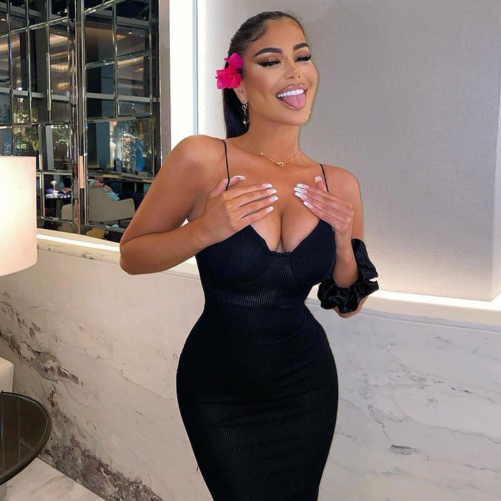 Damen Figurbetontes Midi-Kleid mit Trägern und Körbchen Drune