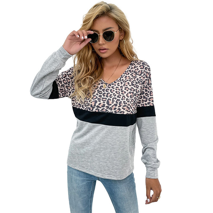 Damen Langarmshirt mit V-Ausschnitt und Leopardenmuster im Colorblock-Design Drune