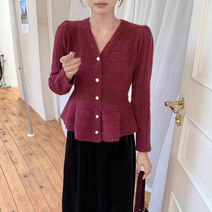 Damen elegante Strickjacke mit strukturiertem Design und femininen Puffärmeln Drune