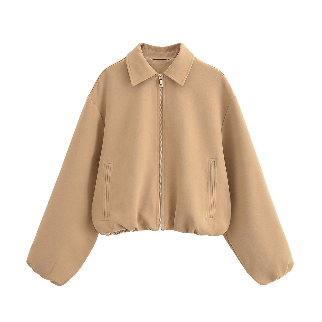 Damen Cropped Bomberjacke mit Ballonärmeln, Stehkragen und elastischem Saum Drune