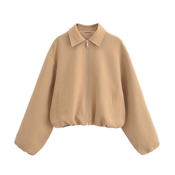 Damen Cropped Bomberjacke mit Ballonärmeln, Stehkragen und elastischem Saum Drune